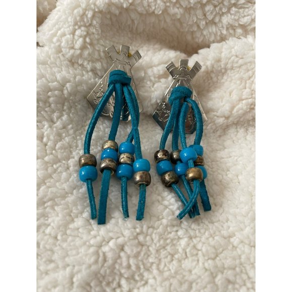 Vintage Silver Tone Pony Bead Blue Leather Teepee Pierced Earrings - Picture 2 of 8